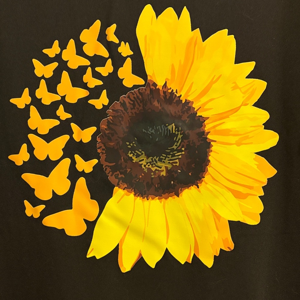 NWOT-Black T-Shirt with Sunflower and Butterflies - Picture 2 of 3